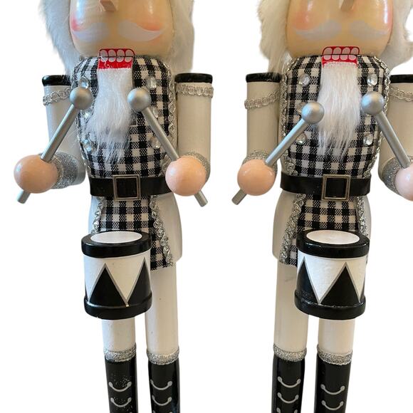 (2) Christmas Nutcracker Drummer Soldiers 14in Wood Black & White Checkered New - Picture 11 of 15